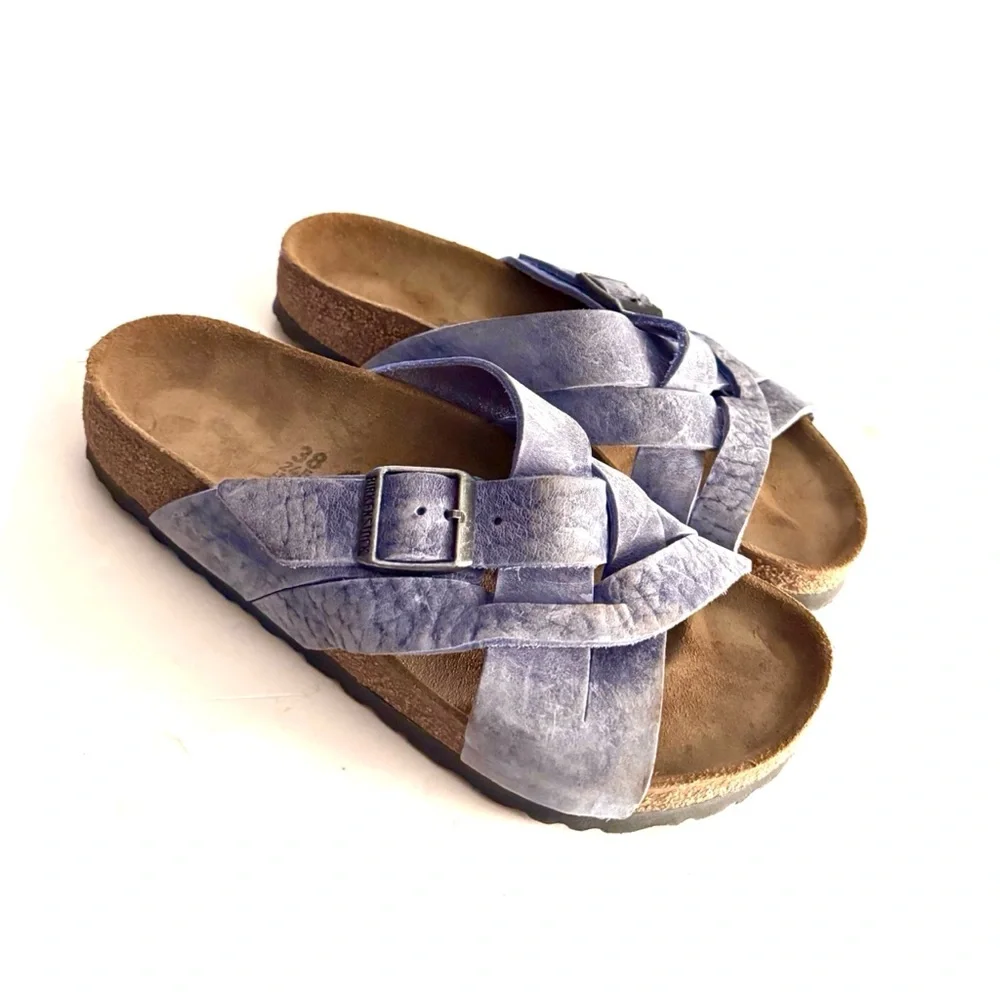 Birkenstock Lugano Soft Footbed Oiled Suede Sandals in Dusty Blue - Picture 2 of 9